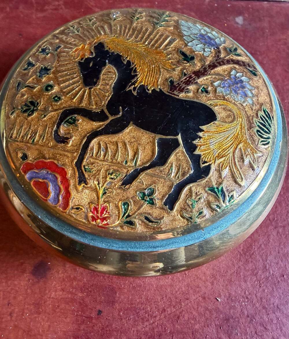 Vintage Brass Cloisonne Trinket Box with Horse Motif